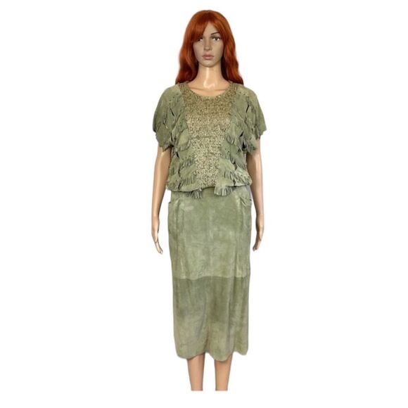 Bino Baraldi VTG 2-Pc Outfit Knit Leather Top + Leather Midi Skirt Green Small/8 - Picture 1 of 17
